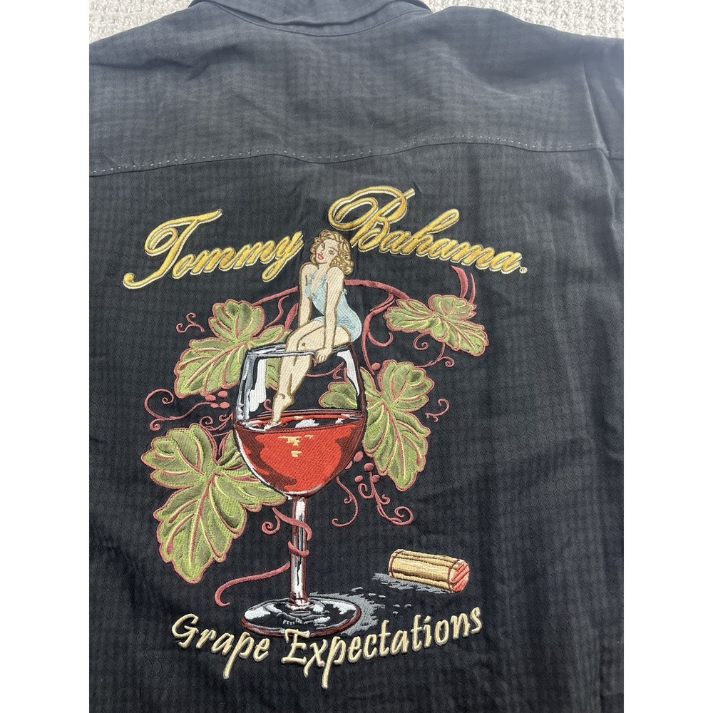 Tommy Bahama Grape Expectations Camp Shirt Men XXL Embroidered Black Silk Pin Up